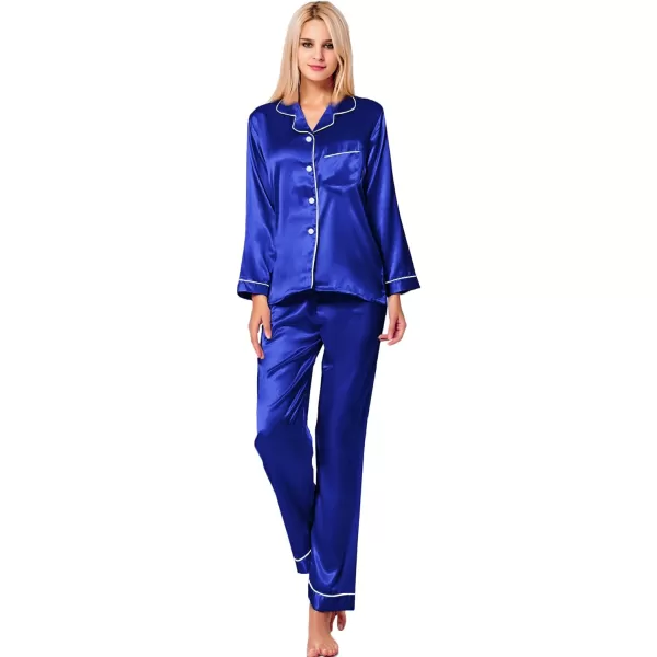 SWOMOG Womens Silk Satin Pajamas Loungewear Twopiece Sleepwear ButtonDown Pj SetBlue