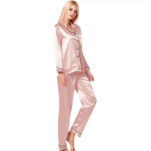 SWOMOG Womens Silk Satin Pajamas Loungewear Twopiece Sleepwear ButtonDown Pj SetBlush Pink