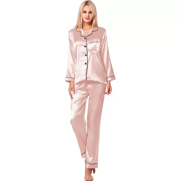 SWOMOG Womens Silk Satin Pajamas Loungewear Twopiece Sleepwear ButtonDown Pj SetBlush Pink