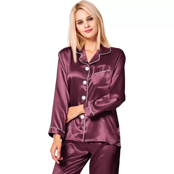 SWOMOG Womens Silk Satin Pajamas Loungewear Twopiece Sleepwear ButtonDown Pj SetBordeaux Red