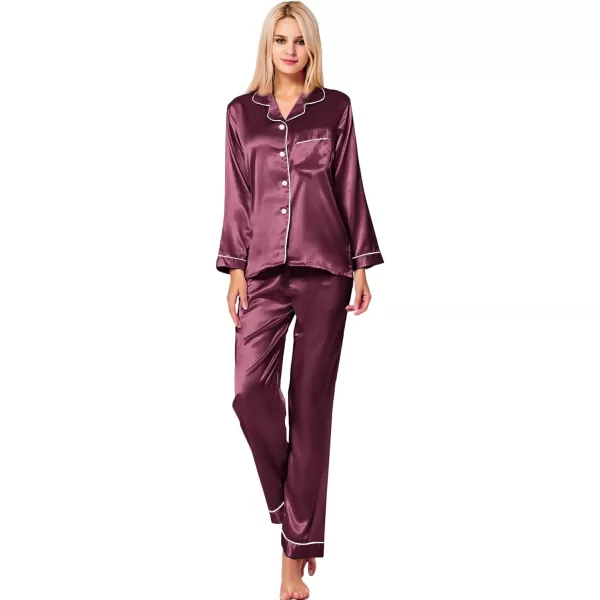 SWOMOG Womens Silk Satin Pajamas Loungewear Twopiece Sleepwear ButtonDown Pj SetBordeaux Red