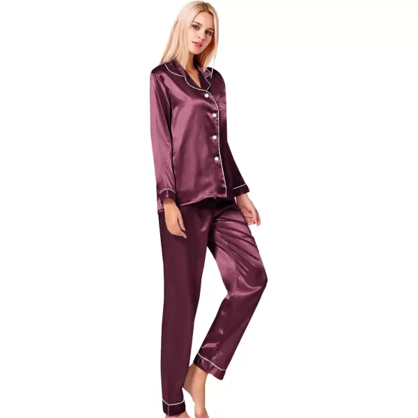 SWOMOG Womens Silk Satin Pajamas Loungewear Twopiece Sleepwear ButtonDown Pj SetBordeaux Red