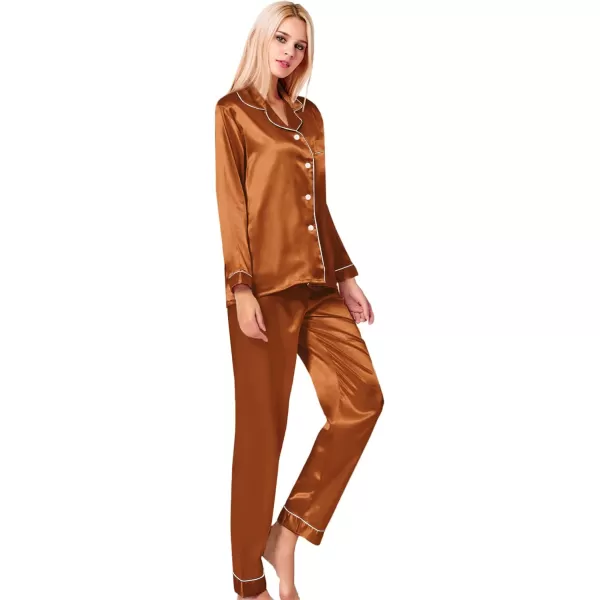 SWOMOG Womens Silk Satin Pajamas Loungewear Twopiece Sleepwear ButtonDown Pj SetBurnt Orange