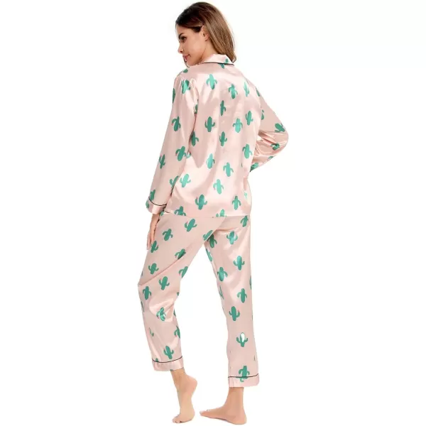 SWOMOG Womens Silk Satin Pajamas Loungewear Twopiece Sleepwear ButtonDown Pj SetCactus Pink