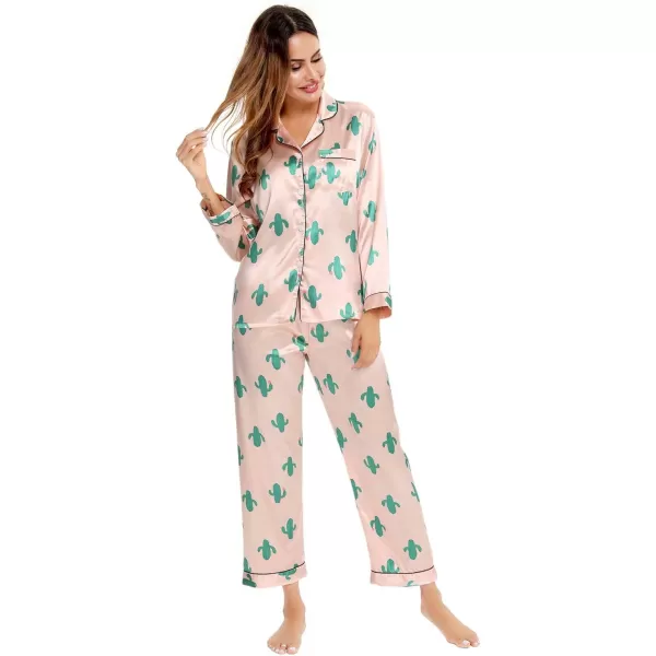 SWOMOG Womens Silk Satin Pajamas Loungewear Twopiece Sleepwear ButtonDown Pj SetCactus Pink