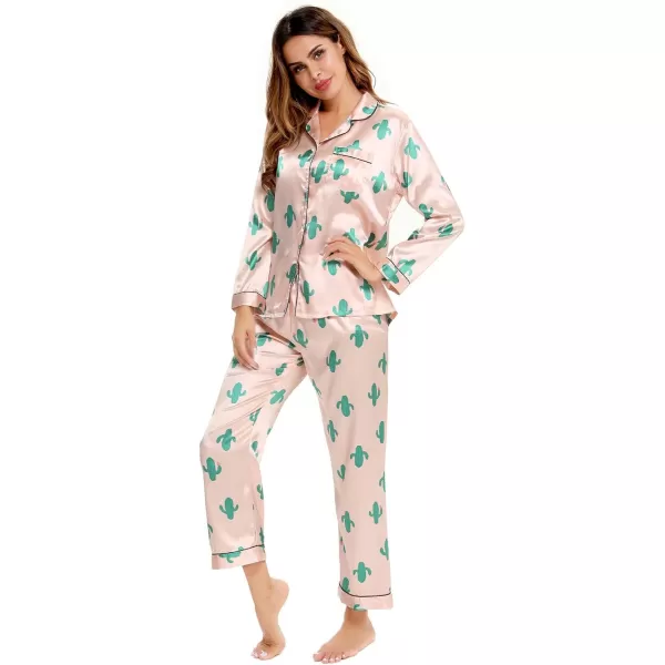 SWOMOG Womens Silk Satin Pajamas Loungewear Twopiece Sleepwear ButtonDown Pj SetCactus Pink