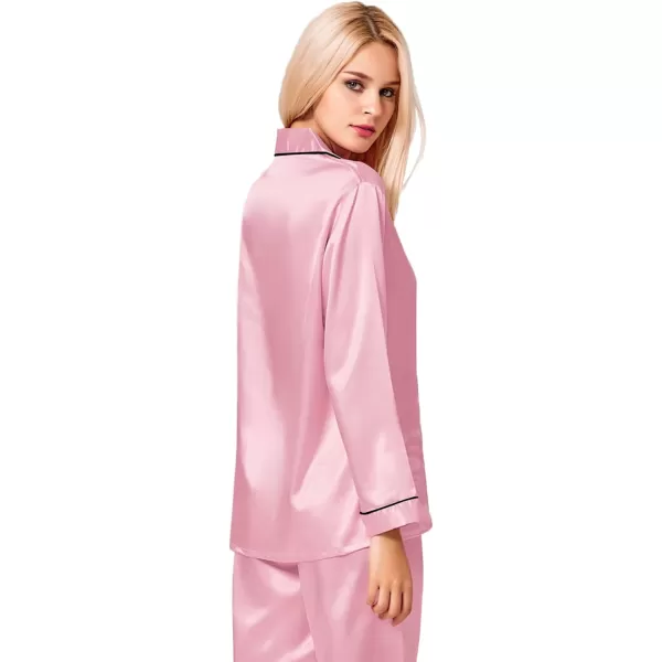 SWOMOG Womens Silk Satin Pajamas Loungewear Twopiece Sleepwear ButtonDown Pj SetCarnation Pink