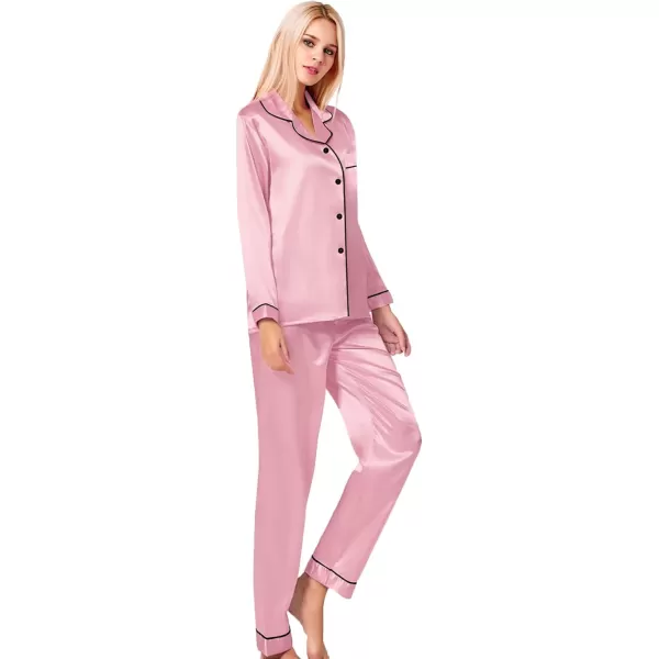 SWOMOG Womens Silk Satin Pajamas Loungewear Twopiece Sleepwear ButtonDown Pj SetCarnation Pink