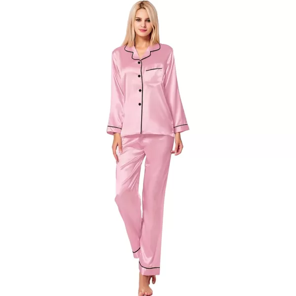 SWOMOG Womens Silk Satin Pajamas Loungewear Twopiece Sleepwear ButtonDown Pj SetCarnation Pink