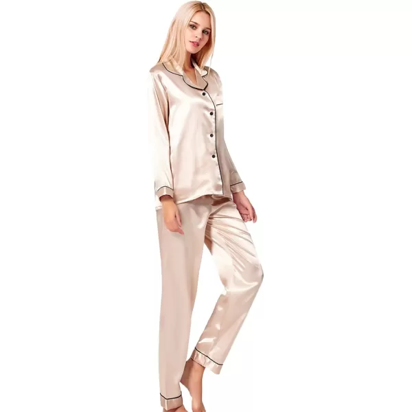 SWOMOG Womens Silk Satin Pajamas Loungewear Twopiece Sleepwear ButtonDown Pj SetChampagne