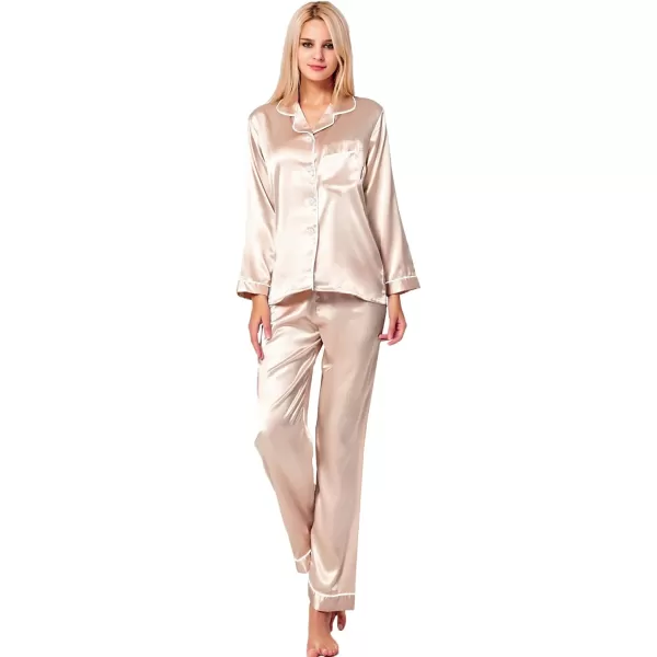 SWOMOG Womens Silk Satin Pajamas Loungewear Twopiece Sleepwear ButtonDown Pj SetChampagne One