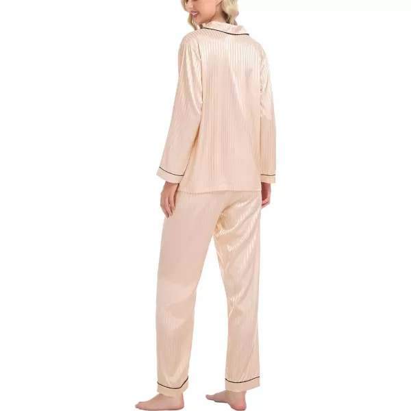 SWOMOG Womens Silk Satin Pajamas Loungewear Twopiece Sleepwear ButtonDown Pj SetChampagne Pinstripes