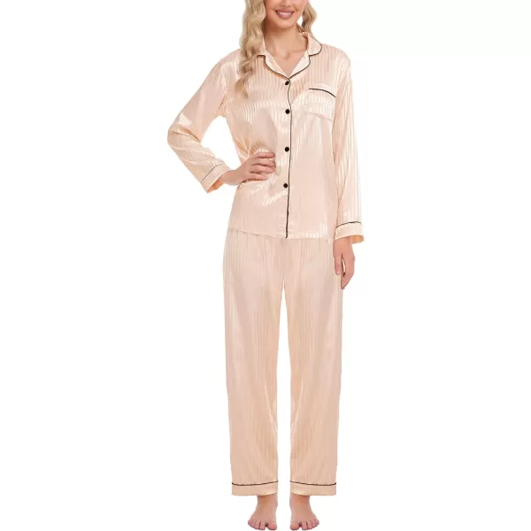 SWOMOG Womens Silk Satin Pajamas Loungewear Twopiece Sleepwear ButtonDown Pj SetChampagne Pinstripes