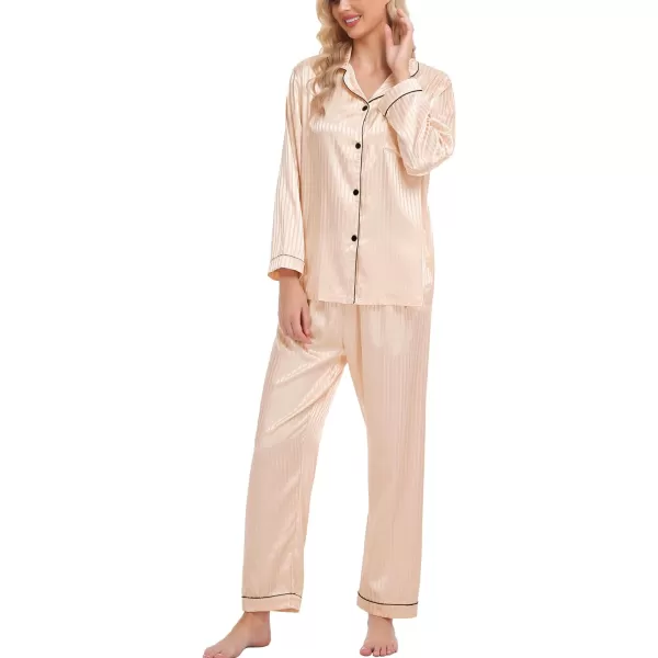 SWOMOG Womens Silk Satin Pajamas Loungewear Twopiece Sleepwear ButtonDown Pj SetChampagne Pinstripes