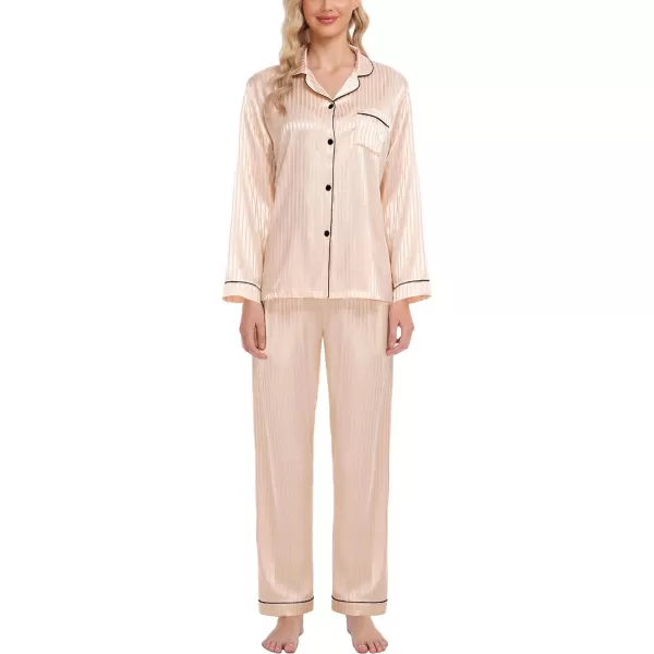 SWOMOG Womens Silk Satin Pajamas Loungewear Twopiece Sleepwear ButtonDown Pj SetChampagne Pinstripes