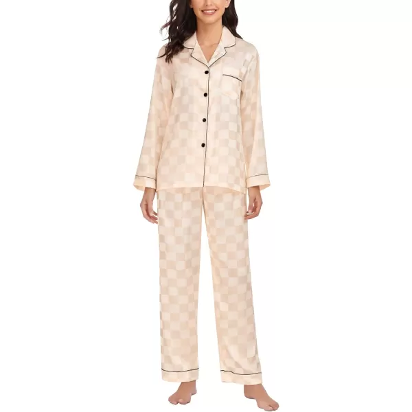 SWOMOG Womens Silk Satin Pajamas Loungewear Twopiece Sleepwear ButtonDown Pj SetChampagne Plaid