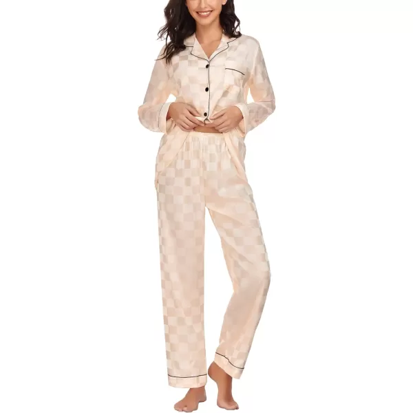 SWOMOG Womens Silk Satin Pajamas Loungewear Twopiece Sleepwear ButtonDown Pj SetChampagne Plaid