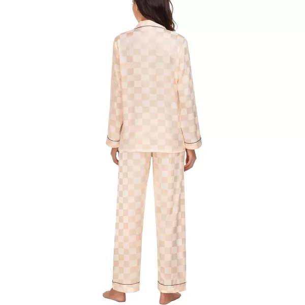 SWOMOG Womens Silk Satin Pajamas Loungewear Twopiece Sleepwear ButtonDown Pj SetChampagne Plaid