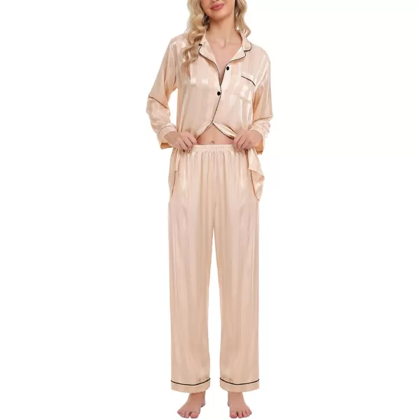 SWOMOG Womens Silk Satin Pajamas Loungewear Twopiece Sleepwear ButtonDown Pj SetChampagne Wide Stripes