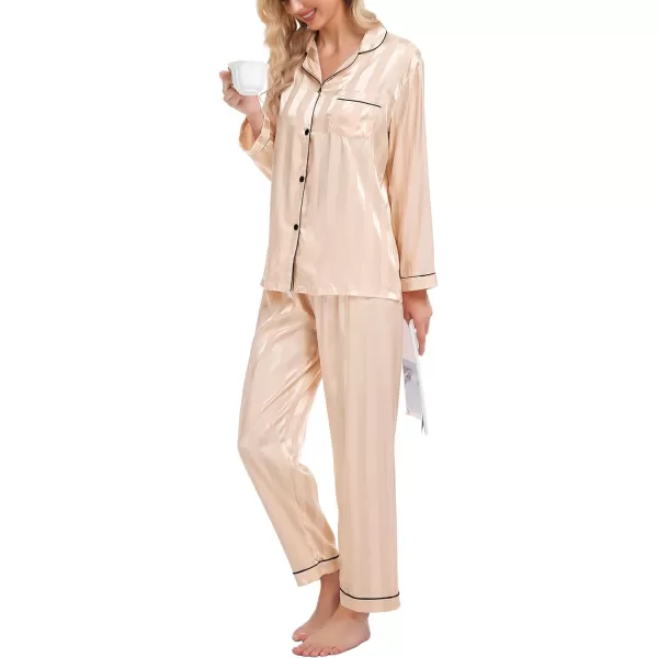 SWOMOG Womens Silk Satin Pajamas Loungewear Twopiece Sleepwear ButtonDown Pj SetChampagne Wide Stripes