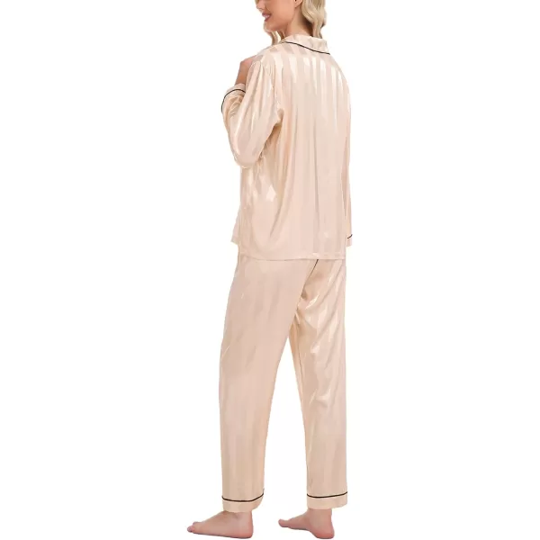 SWOMOG Womens Silk Satin Pajamas Loungewear Twopiece Sleepwear ButtonDown Pj SetChampagne Wide Stripes