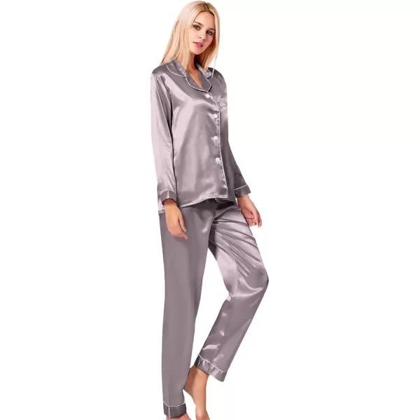 SWOMOG Womens Silk Satin Pajamas Loungewear Twopiece Sleepwear ButtonDown Pj SetChestnut