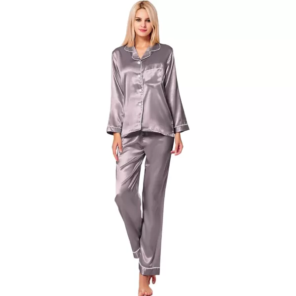 SWOMOG Womens Silk Satin Pajamas Loungewear Twopiece Sleepwear ButtonDown Pj SetChestnut