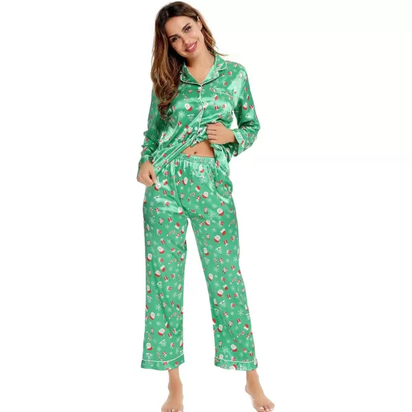 SWOMOG Womens Silk Satin Pajamas Loungewear Twopiece Sleepwear ButtonDown Pj SetChristmas Gift Green