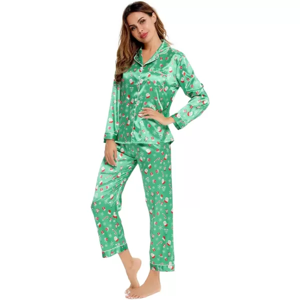 SWOMOG Womens Silk Satin Pajamas Loungewear Twopiece Sleepwear ButtonDown Pj SetChristmas Gift Green