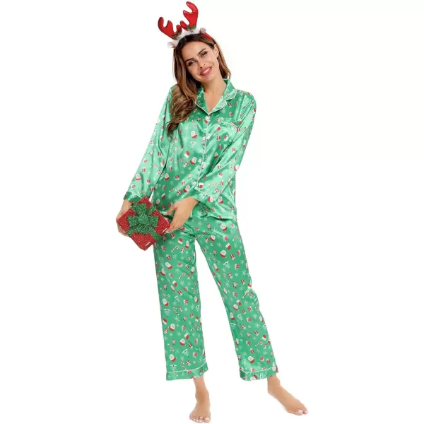 SWOMOG Womens Silk Satin Pajamas Loungewear Twopiece Sleepwear ButtonDown Pj SetChristmas Gift Green