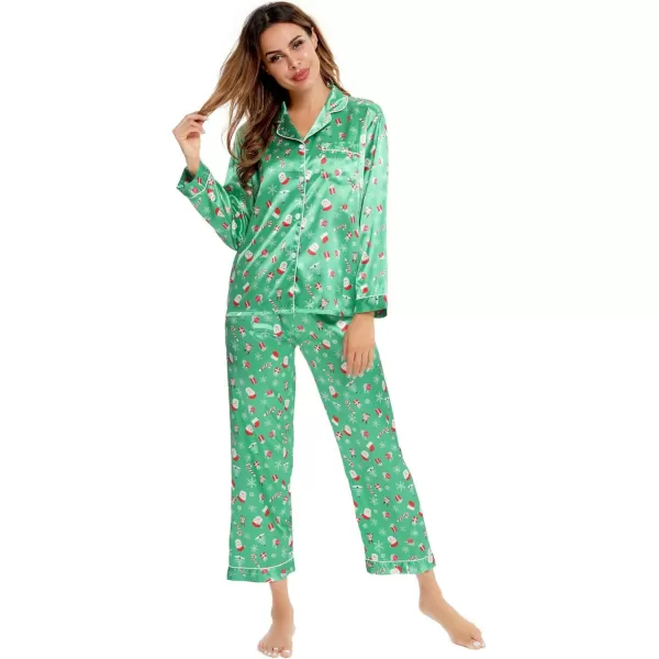 SWOMOG Womens Silk Satin Pajamas Loungewear Twopiece Sleepwear ButtonDown Pj SetChristmas Gift Green