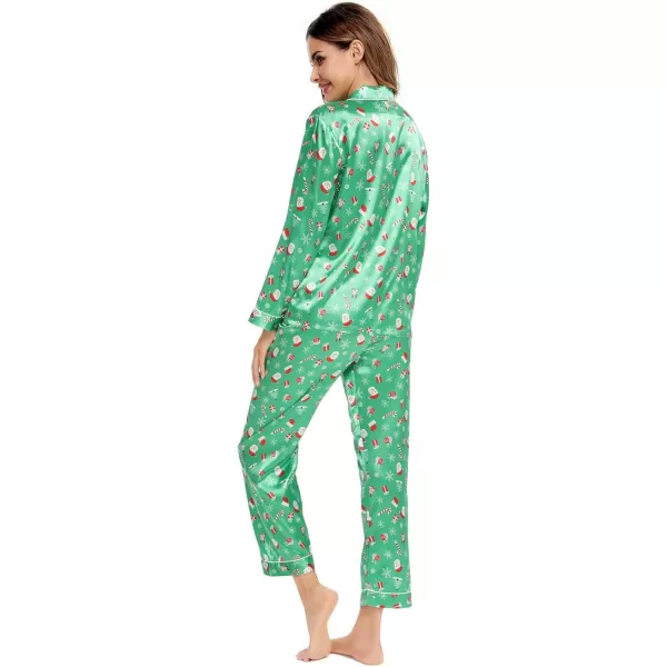 SWOMOG Womens Silk Satin Pajamas Loungewear Twopiece Sleepwear ButtonDown Pj SetChristmas Gift Green