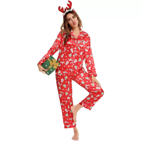 SWOMOG Womens Silk Satin Pajamas Loungewear Twopiece Sleepwear ButtonDown Pj SetChristmas Gift Red