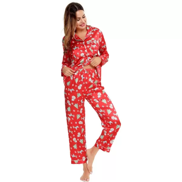 SWOMOG Womens Silk Satin Pajamas Loungewear Twopiece Sleepwear ButtonDown Pj SetChristmas Gift Red