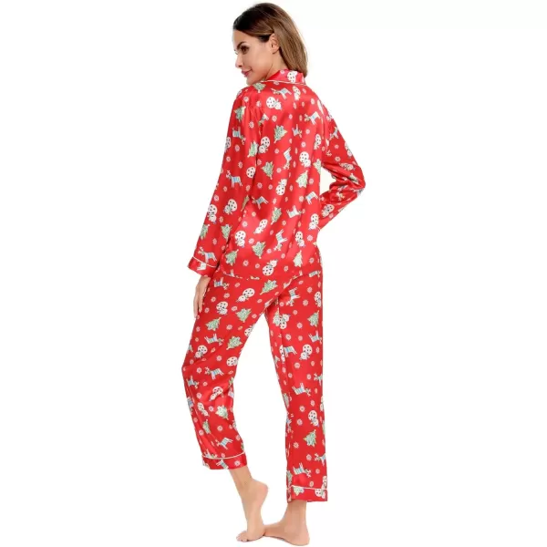 SWOMOG Womens Silk Satin Pajamas Loungewear Twopiece Sleepwear ButtonDown Pj SetChristmas Gift Red