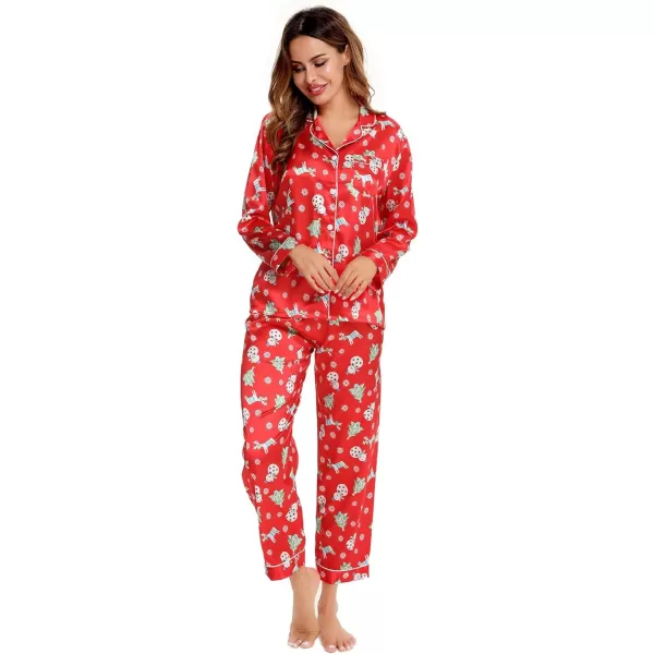 SWOMOG Womens Silk Satin Pajamas Loungewear Twopiece Sleepwear ButtonDown Pj SetChristmas Gift Red