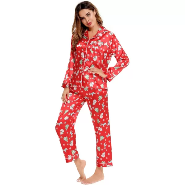 SWOMOG Womens Silk Satin Pajamas Loungewear Twopiece Sleepwear ButtonDown Pj SetChristmas Gift Red