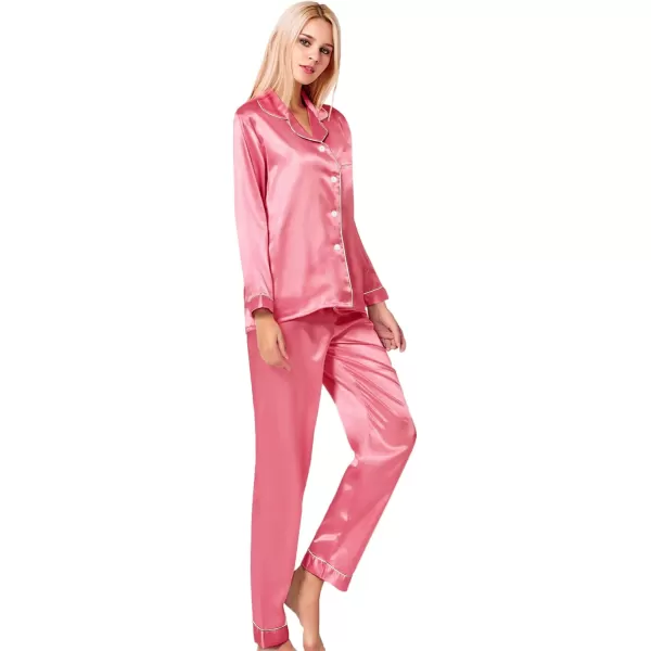 SWOMOG Womens Silk Satin Pajamas Loungewear Twopiece Sleepwear ButtonDown Pj SetCoral Red