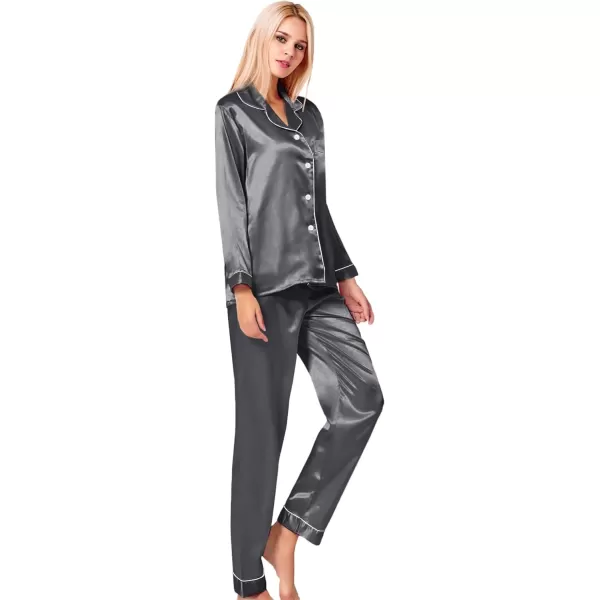 SWOMOG Womens Silk Satin Pajamas Loungewear Twopiece Sleepwear ButtonDown Pj SetDark Silver