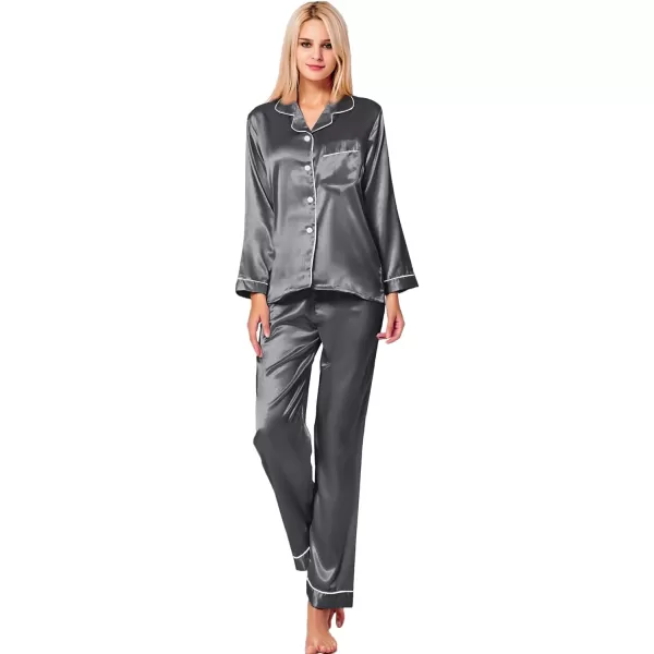 SWOMOG Womens Silk Satin Pajamas Loungewear Twopiece Sleepwear ButtonDown Pj SetDark Silver