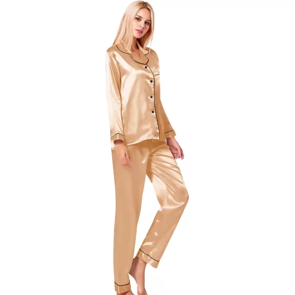 SWOMOG Womens Silk Satin Pajamas Loungewear Twopiece Sleepwear ButtonDown Pj SetDeep Champagne