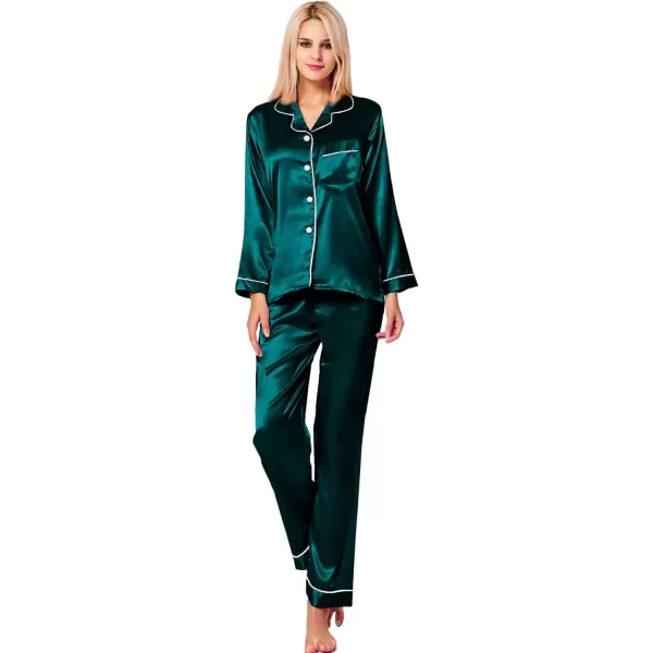 SWOMOG Womens Silk Satin Pajamas Loungewear Twopiece Sleepwear ButtonDown Pj SetDeep Green