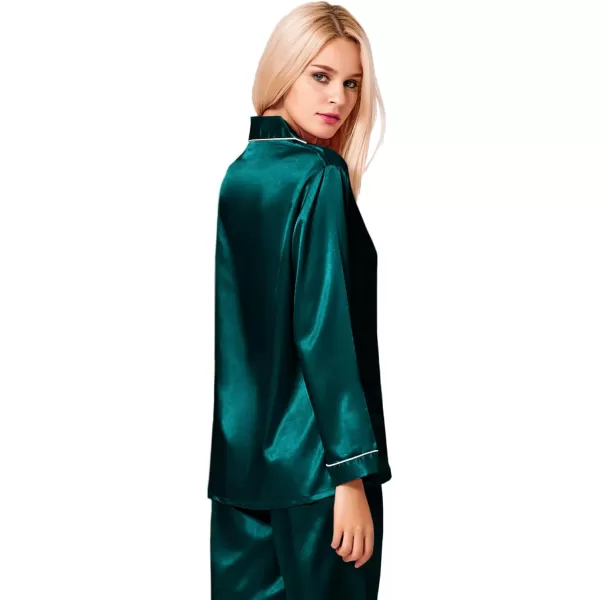 SWOMOG Womens Silk Satin Pajamas Loungewear Twopiece Sleepwear ButtonDown Pj SetDeep Green