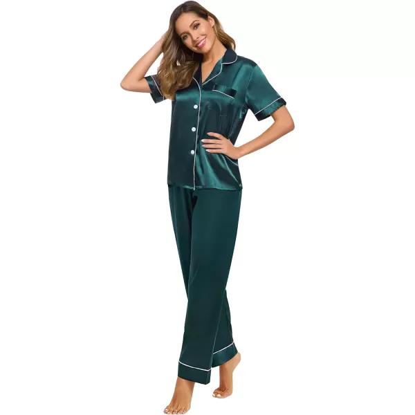 SWOMOG Womens Silk Satin Pajamas Loungewear Twopiece Sleepwear ButtonDown Pj SetDeep Green16