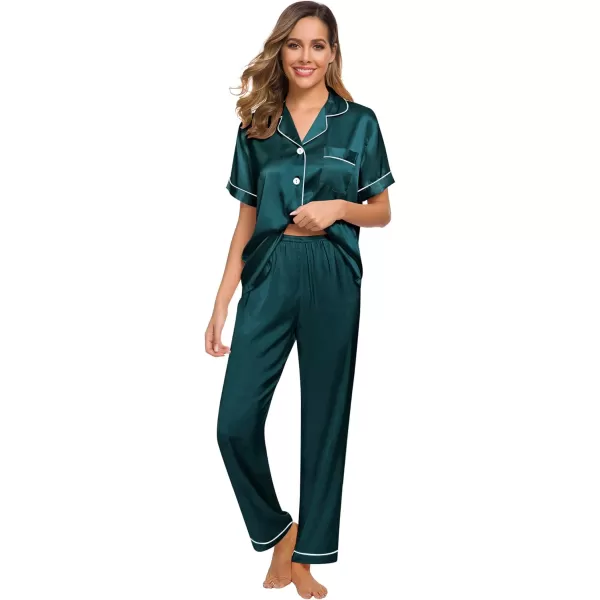 SWOMOG Womens Silk Satin Pajamas Loungewear Twopiece Sleepwear ButtonDown Pj SetDeep Green16