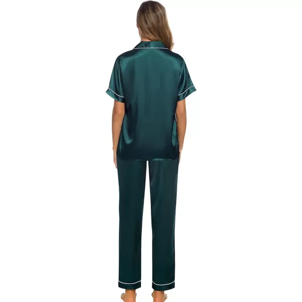 SWOMOG Womens Silk Satin Pajamas Loungewear Twopiece Sleepwear ButtonDown Pj SetDeep Green16