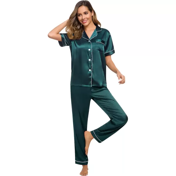 SWOMOG Womens Silk Satin Pajamas Loungewear Twopiece Sleepwear ButtonDown Pj SetDeep Green16