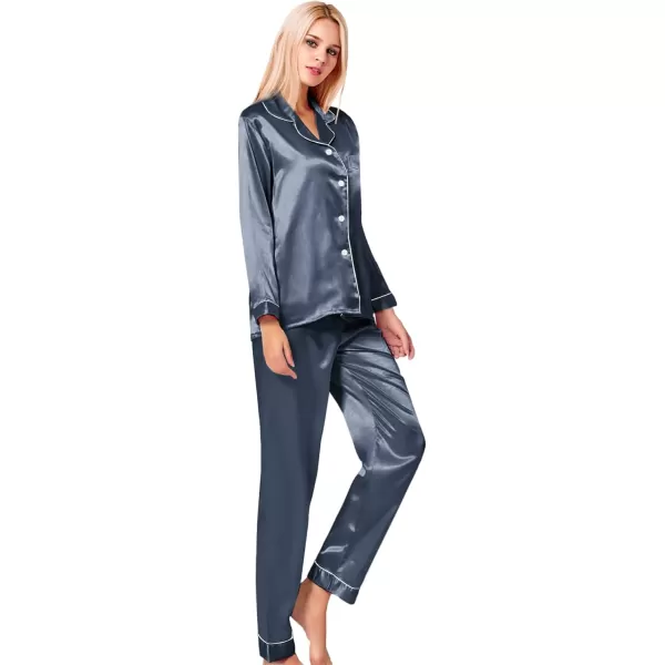 SWOMOG Womens Silk Satin Pajamas Loungewear Twopiece Sleepwear ButtonDown Pj SetDeep Grey