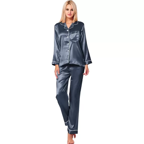 SWOMOG Womens Silk Satin Pajamas Loungewear Twopiece Sleepwear ButtonDown Pj SetDeep Grey