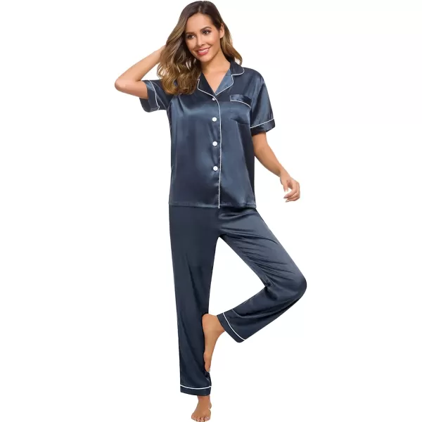 SWOMOG Womens Silk Satin Pajamas Loungewear Twopiece Sleepwear ButtonDown Pj SetDeep Grey16